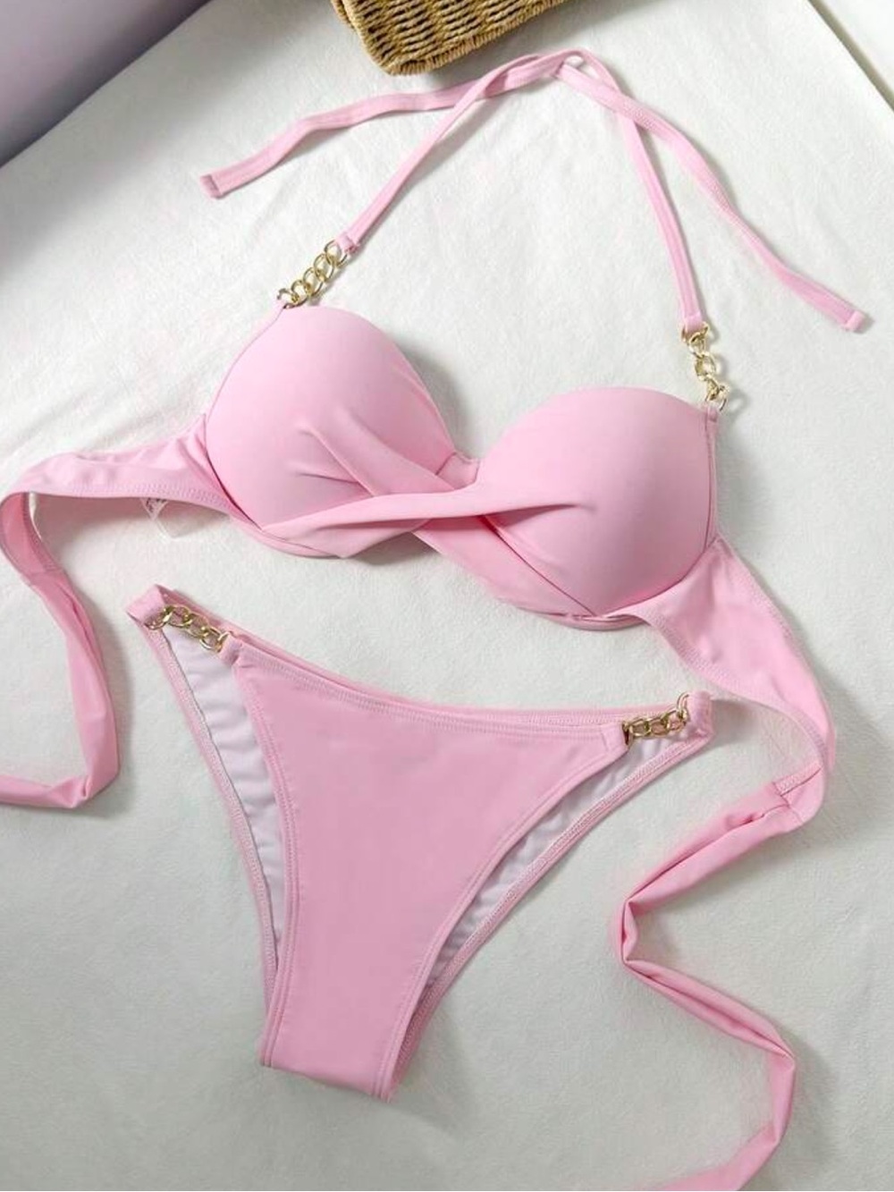 Women's Pink Chain-Accent Push-Up Bikini Top and Bottom